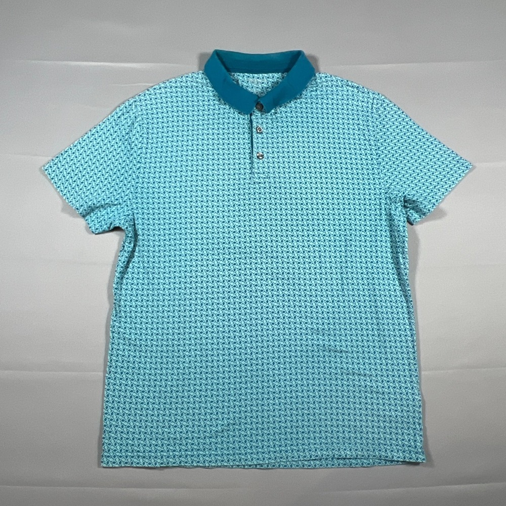 Liz Claiborne Polo Shirt Mens Large Aqua Geometric Print Cotton Stretch Casual